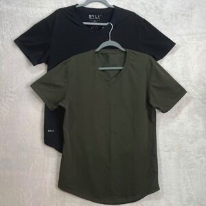 BYLT Drop-Cut V-Neck Shirt Mens Medium Black/Olive Green Stretch Lot of 2‎